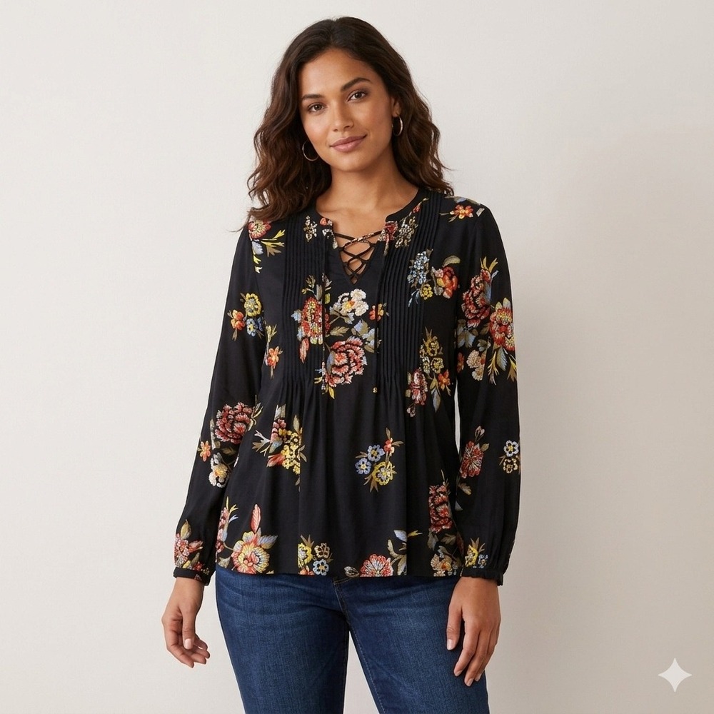 Old Navy Womens Size Medium Black Floral Lace Up Blouse Pin Tuck Boho Rayon